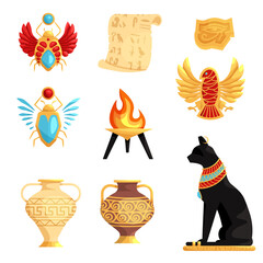 Set of isolated egyptian or Egypt symbols. Ancient egypt mural. Egyptian mythology.