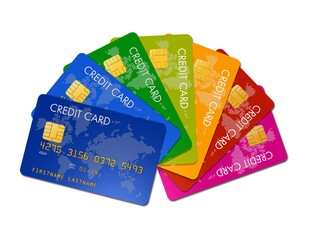 Colorful credit cards on a white background