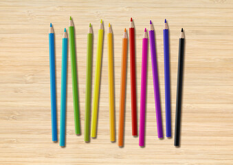 Colored pencil group isolated on wooden background. Horizontal background