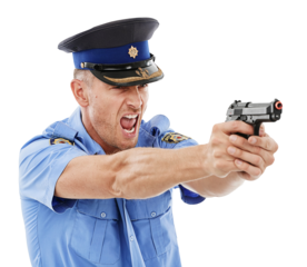 Angry, police man and shooting gun isolated on a transparent png background. Firearm, weapon and mature male officer, detective or security guard shouting to stop crime, violence or law enforcement.