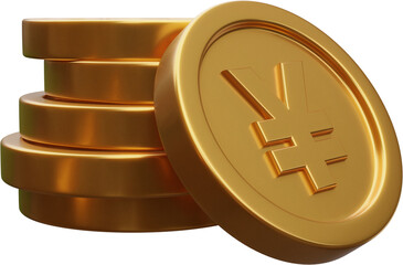 Stack of gold yuan coin currency market financial or investment money banking treasure wealth cash and golden yuan pile economy with business earnings profit sign. 3D render
