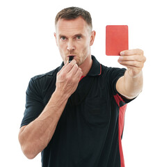 Portrait, whistle and red card with a man referee isolated on a transparent background for sports...
