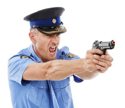 Angry, police man and shooting gun isolated on a transparent png background. Firearm, weapon and mature male officer, detective or security guard shouting to stop crime, violence or law enforcement.