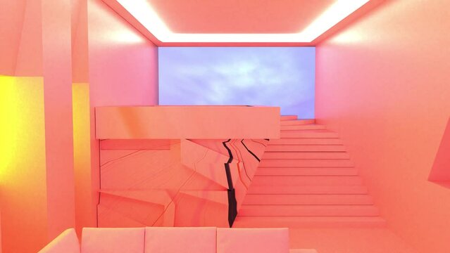 3D animation of an abstract, architectural, surreal, empty room with a swimming pool upstairs, modern design, dreamlike environment, illuminated with bright orange lights & pinkish color tones. 