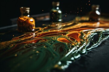 Elegant acrylic pour with swirls of green and orange liquid and gold powder. Generative AI