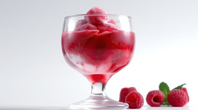 Raspberry sorbet in a glass with raspberries and a raspberry puree drizzle on White Background with copy space for your text created with generative AI technology