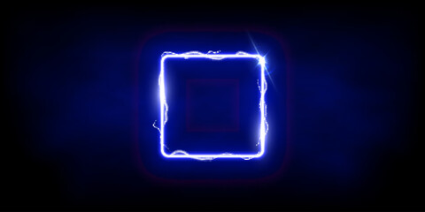 Magic blue square of thunder storm blue lightnings. Magic and bright light effects electric border. Plasma frame with thunderbolt electricity lightning power effect on dark fog background - obrazy, fototapety, plakaty