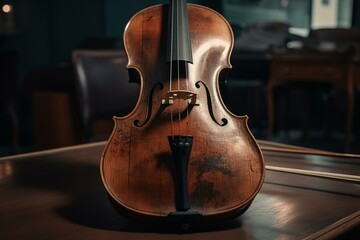 A cello positioned on a table, captured from a close distance. Generative AI