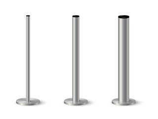 3d metal pole signpost on base vector illustrations set. Realistic grey steel, iron or chrome pillars with polished surface, vertical different diameter cylinder pipe holders for board or flag