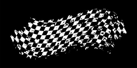 Grunge waing car race flag with scratches vector illustration. White checkered pattern of start and finish of auto rally and motocross, banner for karting sport, championship trophy on black