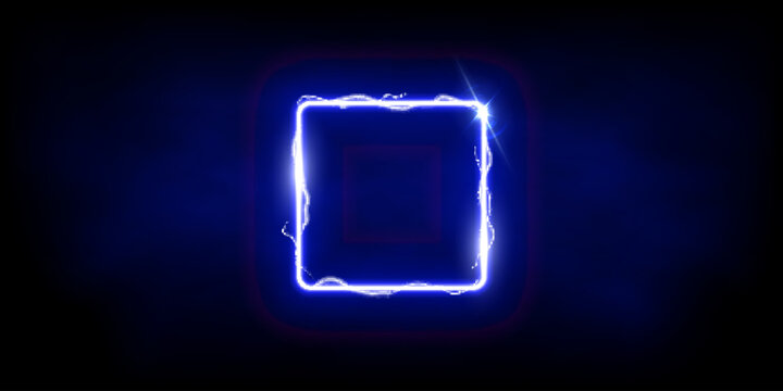 Magic blue square of thunder storm blue lightnings. Magic and bright light effects electric border. Plasma frame with thunderbolt electricity lightning power effect on dark fog background