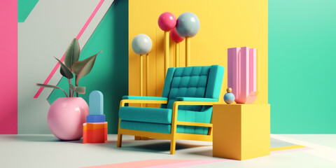 home room memphis interior sunlight armchair colourful geometric art design sofa. Generative AI.