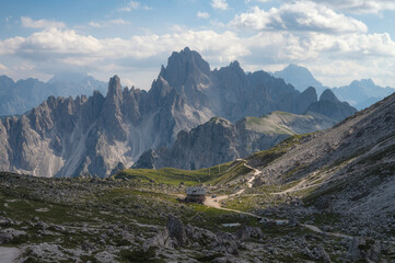 Tre Cime di Lavaredo hiking trail in summer, Dolomite, Italy