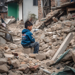 Heimatloses Kinder verzweifelt und einsam nach einem Bombeneinschlag nach der Katastrophe