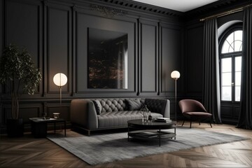 Dark and stylish living room with wooden floor, simple moldings, and empty wall. Perfect for illustration mockup. Generative AI