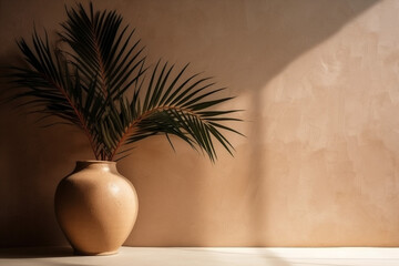 interior design concrete wall beige table shadows sunlight decor vase home. Generative AI.
