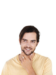 Fototapeta premium Thinking, idea and happy face of man on isolated, png and transparent background with vision. Ideas, mindset and male person for wondering, contemplation and question for decision, planning or choice