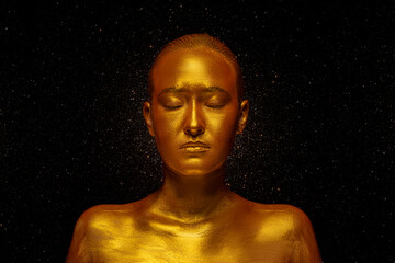 Model girl with festive golden glamorous shiny professional make-up. Beautiful golden metallic body, lips and skin.
