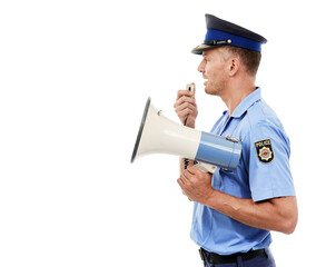 Fototapeta premium Talking man, megaphone or police officer speech for service announcement, security or crime. Safety worker, law communication and speaker or official isolated on a transparent png background
