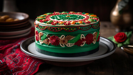 Fototapeta na wymiar Mexican Flag Cake, A patriotic cake decorated with the colors of the Mexican flag - red, white, and green.