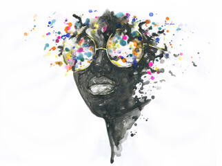 african american human wear sunglasses. illustration. watercolor painting	