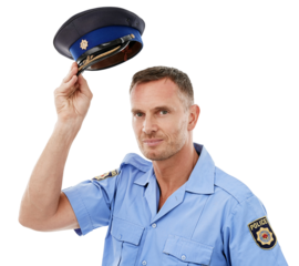 Portrait, police man and officer with hat isolated on a transparent png background. Law enforcement, serious face and mature policeman, security guard or cop from Canada with confidence in justice.