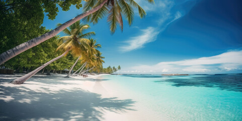 Fototapeta na wymiar Beautiful sand beach with palm tree AI generative art
