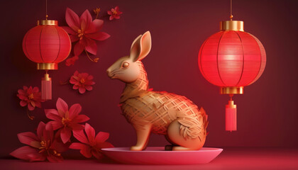 Chinese new year 2023 concept, the year of the water rabbit. Generative AI illustrations