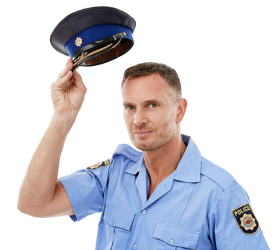 Portrait, police man and officer with hat isolated on a transparent png background. Law enforcement, serious face and mature policeman, security guard or cop from Canada with confidence in justice.