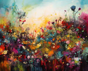 Obraz na płótnie Canvas Abstract field of flowers surreal bright colors acrylic , Generative AI