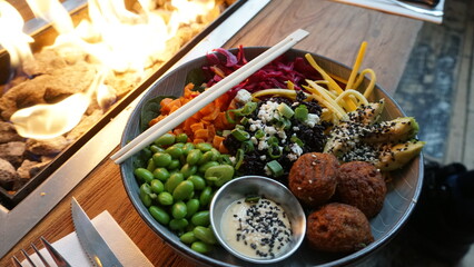 Food on table next to fireplace