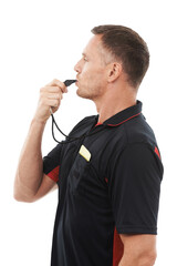 Referee, whistle and foul with a man isolated on a transparent background for sports control....
