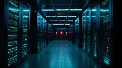 Fototapeta premium Server racks in computer network security server room data center. AI generated
