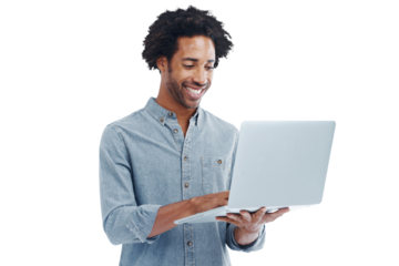 Happy man, laptop and typing on internet isolated on transparent, png background for email. Black male model smile for computer research, connection or funny social media meme or programming success