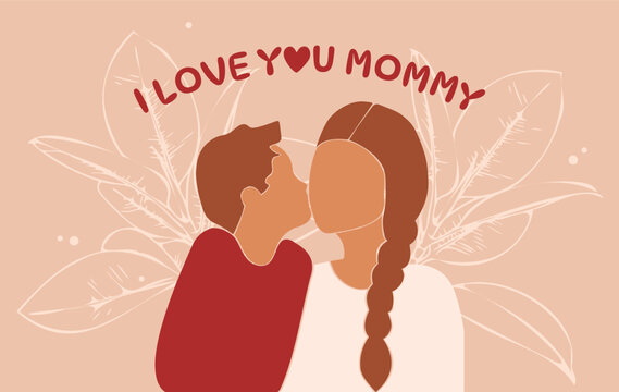 I love you mom. Happy mother's day card. The child kisses his mother. Faceless vector illustration. EPS 10