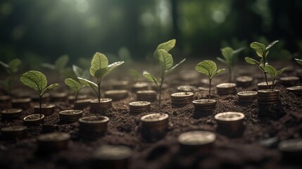 Plant seedlings growing from pile of coins. Business growth concept. AI generated