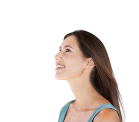 Thinking, idea and face of woman looking up on isolated, png and transparent background. Vision, thoughtful and profile of female person with smile for wonder, contemplation and question for decision