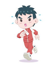 Cute style boy in tracksuit doing warm-up running cartoon illustration