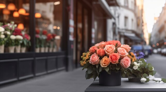 A store front flower shop. Street outdoor view. AI generated