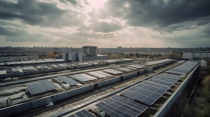 Solar panels installed on the roof of a building. Photovoltaic modules. AI generated