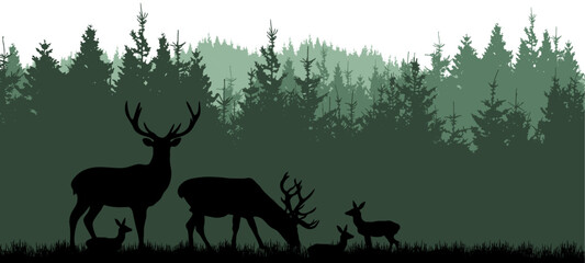 Black silhouette of fir spruce trees and wild deer, landscape panorama illustration icon vector for forest woods wildlife adventure camping logo, isolated on white background - obrazy, fototapety, plakaty
