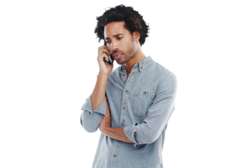 Phone call, communication and serious black man talking on isolated, png and transparent background. Networking, stress and upset male person on smartphone for conversation, discussion and worried