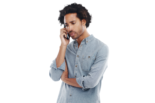 Phone call, communication and serious black man talking on isolated, png and transparent background. Networking, stress and upset male person on smartphone for conversation, discussion and worried