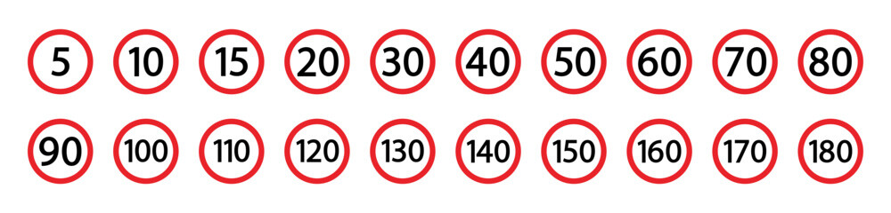 Speed limit  icon.  Set of red road signs of 5-180 kmh. Vector illustration