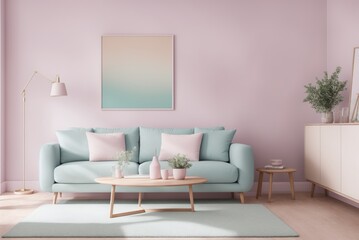 Fototapeta na wymiar Interior mockup with picture frame on a Wall. Living room in pastel colors with sofa and painting on a wall 3D render.