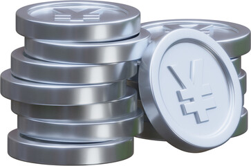 Stack of silver yuan coin currency market financial or investment money banking treasure wealth cash and silver yuan pile economy with business earnings profit sign. 3D render	