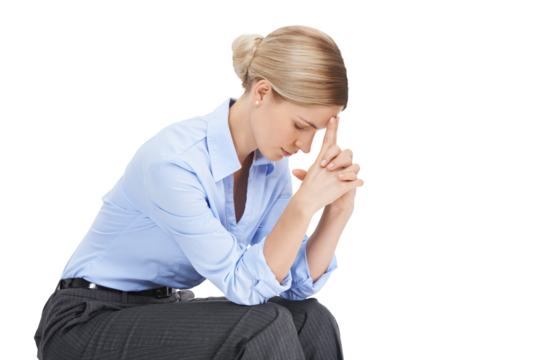 Burnout, anxiety and PNG with a business woman isolated on a transparent background suffering from stress. Mental health, headache and pain with a young female employee feeling overworked or tired