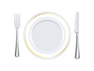 Empty plate, fork and table knife top view icon set vector. Clean white plate with gold rim and metal cutlery icon vector isolated on a white background