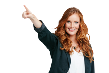 Pointing, happy and portrait of business woman with hand gesture on png, isolated and transparent background. Direction, professional and female worker smile for announcement, news and promotion