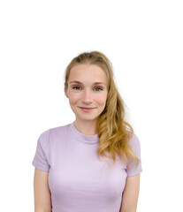 Portrait of a happy, young, smiling girl. Blonde hair, casual clothes, on a white background. Isolated. Copy space.
